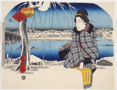 シリーズ「東の都の有名な場所での雪の3つのビュー」、1840年頃の両国の雪の月、カラーの木版画 作： Utagawa Hiroshige
