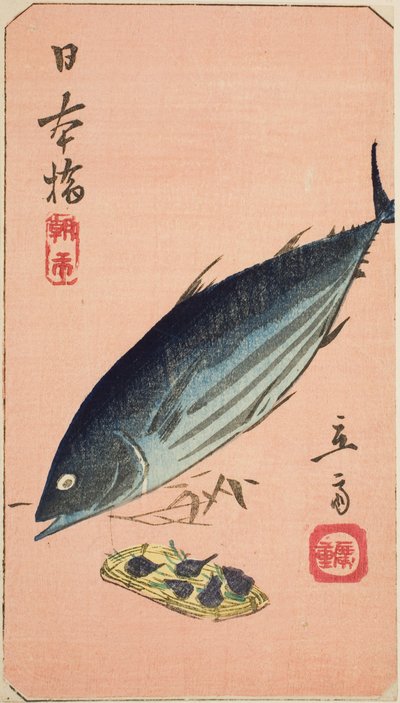 Morning Market at Nihon Bridge (Nihonbashi, asaichi), section of a sheet from the series "Cutouts of Famous Places in Edo (Harimaze Koto meisho)" 作： Utagawa Hiroshige