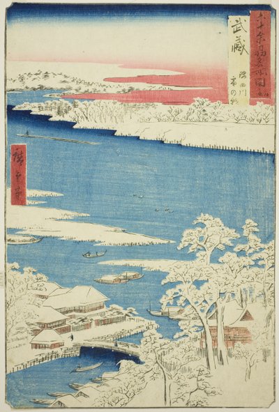 Musashi Province: Morning after Snow on the Sumida River (Musashi, Sumidagawa yuki no ashita), from the series "Famous Places in the Sixty-odd Provinces (Rokujuyoshu meisho zue)" 作： Utagawa Hiroshige