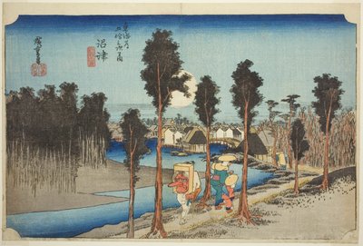 Numazu: Twilight (Numazu, tasogare zu), from the series "Fifty-three Stations of the Tokaido Road (Tokaido gojusan tsugi no uchi)," also known as the Hoeido Tokaido 作： Utagawa Hiroshige