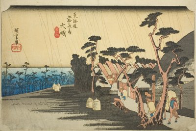 大磯：東海道五十三次』シリーズより「大磯・寅が雨」。 作： Utagawa Hiroshige