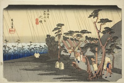 大磯：東海道五十三次』シリーズより「大磯・寅が雨」。 作： Utagawa Hiroshige