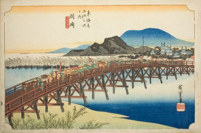 Okazaki: Yahagi Bridge (Okazaki, Yahagi no hashi), from the series "Fifty-three Stations of the Tokaido (Tokaido gojusan tsugi no uchi)," also known as the Hoeido Tokaido 作： Utagawa Hiroshige
