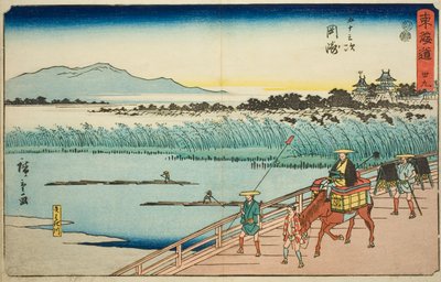 Okazaki: Yahagi River (Okazaki, Yahagigawa)—No. 39, from the series "Fifty-three Stations of the Tokaido (Tokaido gojusan tsugi)," also known as the Reisho Tokaido 作： Utagawa Hiroshige