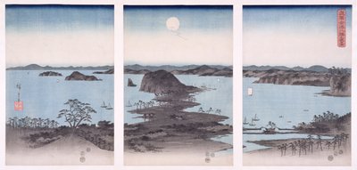 金沢の満月の下のパノラマ、「雪と月と花」シリーズ、1857年（木版画） 作： Utagawa Hiroshige