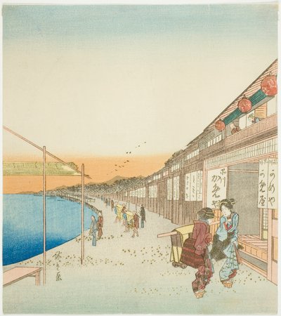 品川の港沿いの歩行者と店 作： Utagawa Hiroshige