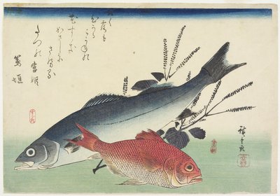 鯛、シーバス、シソ、c。 1840 作： Utagawa Hiroshige