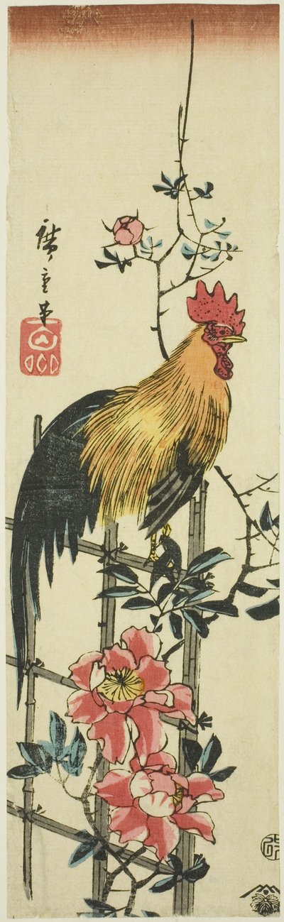 バラのトレリスにとまるオンドリ 作： Utagawa Hiroshige