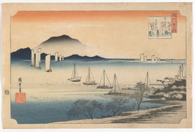江戸時代、八橋に戻るヨット1830年代初頭（色木版画） 作： Utagawa Hiroshige