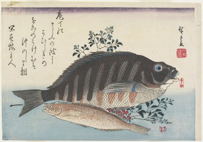 鯛、アユ、ナンディナの枝、c。 1840 作： Utagawa Hiroshige