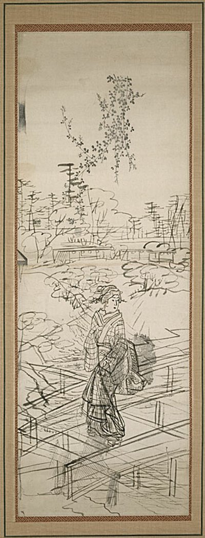 橋を渡る女性のスケッチ 作： Utagawa Hiroshige