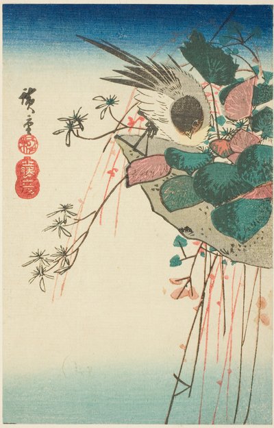 ぶら下がっているプランターのスズメ 作： Utagawa Hiroshige