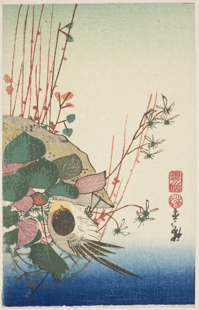 ぶら下がっているプランターのスズメ 作： Utagawa Hiroshige