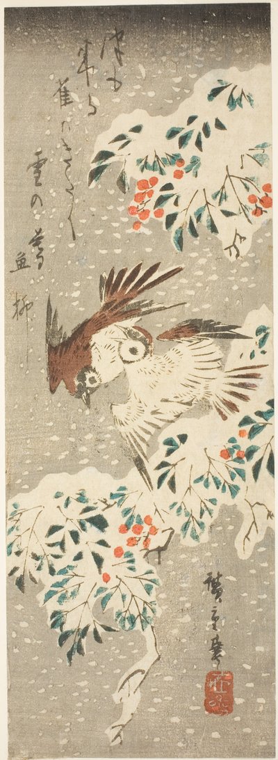 雪が降る中、雪に覆われた南天を飛び回るスズメ 作： Utagawa Hiroshige