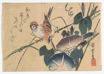 スズメとモーニンググローリー、江戸時代、1830年代後半（色木版画） 作： Utagawa Hiroshige