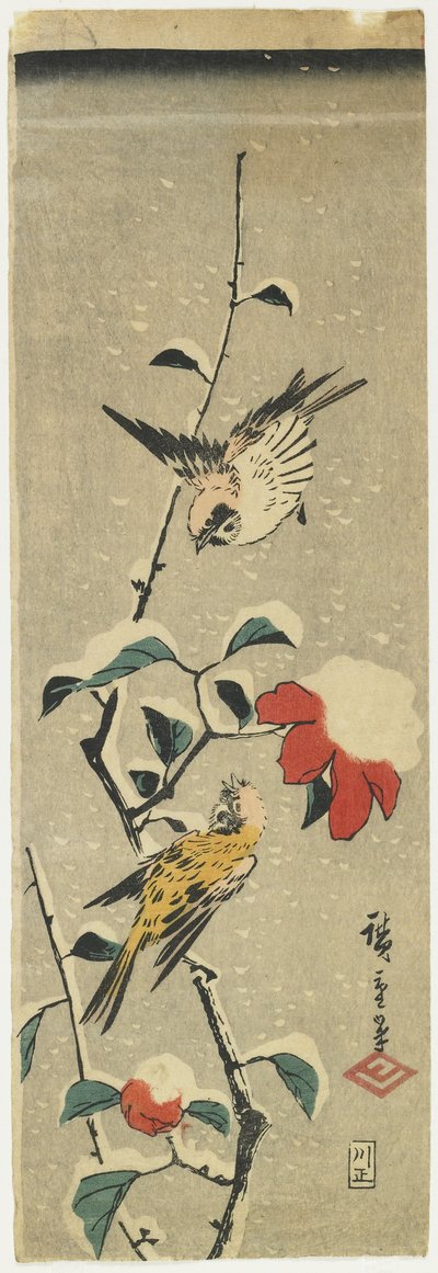 スズメと雪に覆われた椿、1837-1848 作： Utagawa Hiroshige