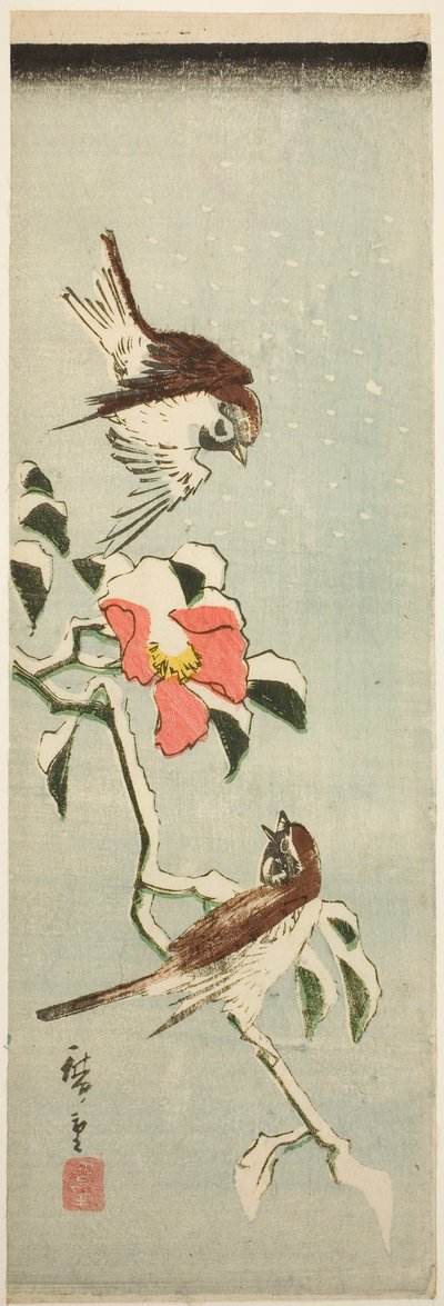 雪中のスズメとツバキ 作： Utagawa Hiroshige