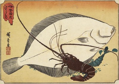 とげのあるロブスターとヒラメ、19世紀初頭 作： Utagawa Hiroshige