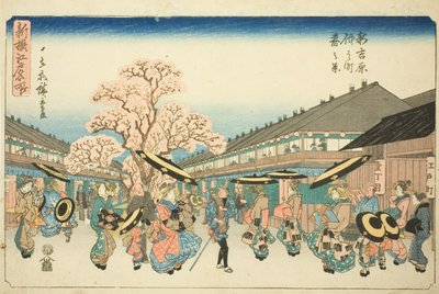 Spring Scene of Nakanocho in the New Yoshiwara (Shin Yoshiwara Nakanocho haru no kei), from the series "Newly Selected Famous Places in Edo (Shinsen Edo meisho)" 作： Utagawa Hiroshige