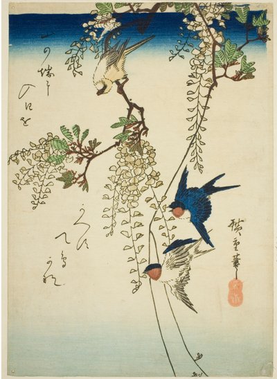 ツバメと黄色い鳥と藤 作： Utagawa Hiroshige