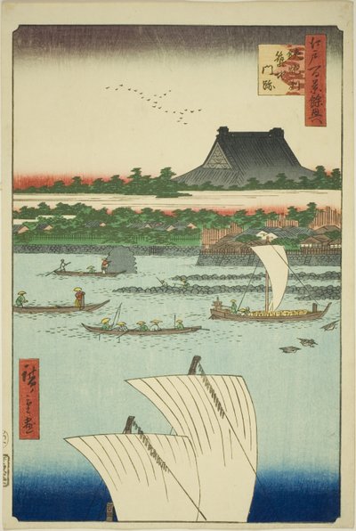 てっぽ図 案ｄ 築地 本願寺 手ＭＰぇ （徹ポズ 築地 門跡）、 ｆろｍ テェ セリエｓ ”スッｐぇ麺ｔ と テェ 尾根 分ｄレｄ ファもうｓ ヴィエｗｓ おｆ 江戸 （江戸 百景 よきょ）” 作： Utagawa Hiroshige