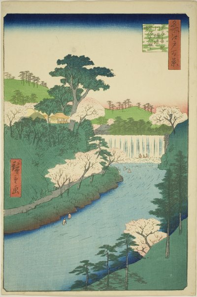 The Dam on the Otonashi River at Oji, Commonly Called "The Great Waterfall" (Oji Otonashigawa entai, sezoku Otaki to tonau), from the series "One Hundred Famous Views of Edo (Meisho Edo hyakkei)" 作： Utagawa Hiroshige