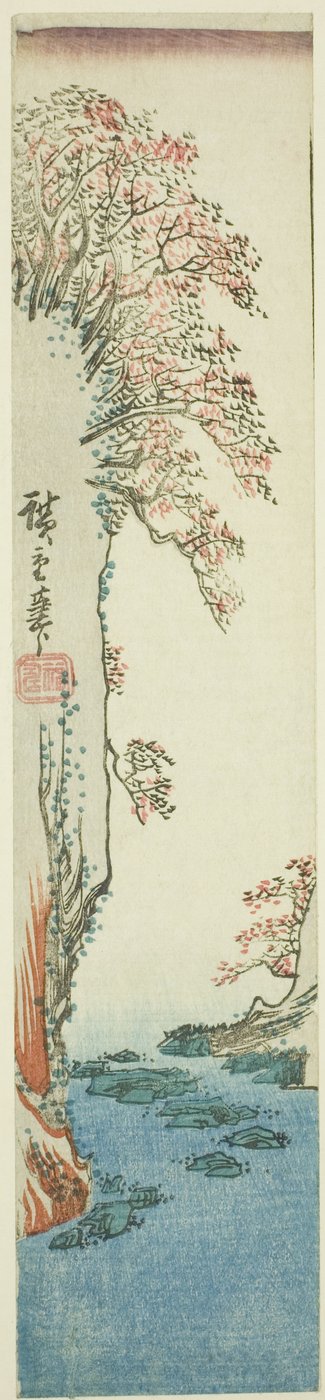 川の上の崖の上の木々 作： Utagawa Hiroshige