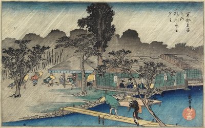 トワイライトシャワーとタダス銀行c。 1834 作： Utagawa Hiroshige