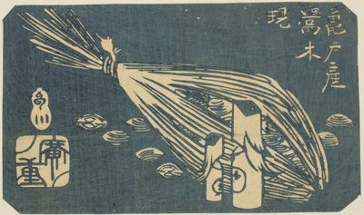 亀戸の鶯木彫りと蛤（亀戸さんうぐいすきしじみ） 「名所江戸名所切絵（はりまぜ古都名勝）」の一部 作： Utagawa Hiroshige