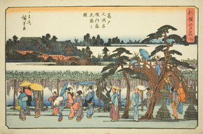 Wisteria in Full Bloom in the Precincts of the Kameido Tenmangu Shrine (Kameido Tenmangu keidai fuji hanazakari no zu), from the series "Newly Selected Famous Places in Edo (Shinsen Edo meisho)" 作： Utagawa Hiroshige