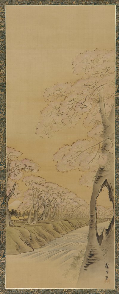 風景：小川のほとりに咲く桜の木、江戸時代、1615-1868. 作： Utagawa Hiroshige II