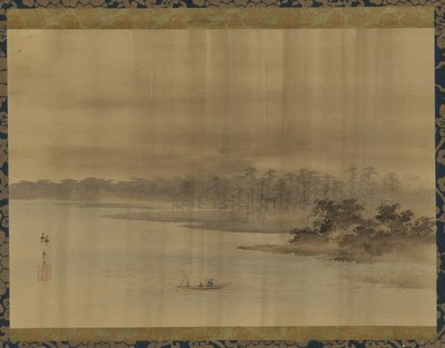 雨の中の川の風景と寺院、江戸時代、19世紀。 作： Utagawa Hiroshige II