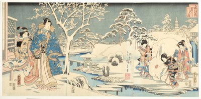 雪の降る庭の東源氏、1854年（版画） 作： Utagawa Hiroshige and Kunisada