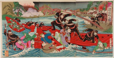 1894年9月、平壌の台東江での陸と海での激戦（木版画、紙にインクとカラー） 作： Utagawa II Kunitora