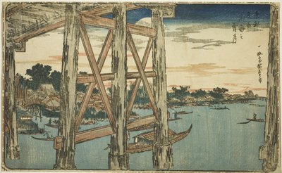 両国橋のトワイライトムーン（両国の夜月）、1831年頃（カラー木版画;大判） 作： Utagawa I Hiroshige