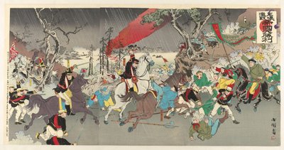 平壌での激戦で大日本帝国の大勝利 平城 汽船 帝国 大将理 作： Utagawa Kokunimasa
