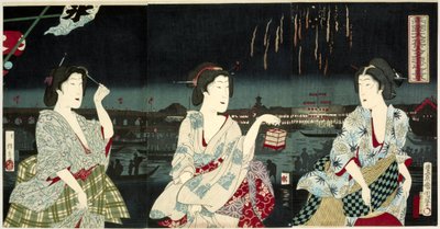 両国の花火で夜風を楽しむ 両国花火ゆすすみの系 作： Utagawa Kunichika