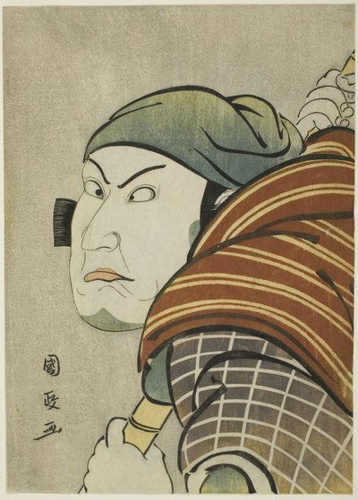 1796年11月、宮古劇場で上演された『清和二代お寄せ源氏』伊予太郎役の片岡二左衛門五代目。 作： 歌川国政