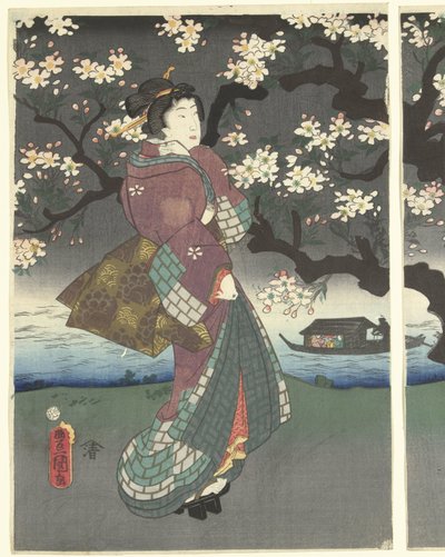 川沿いの夜の散歩 作： Utagawa Kunisada (I)