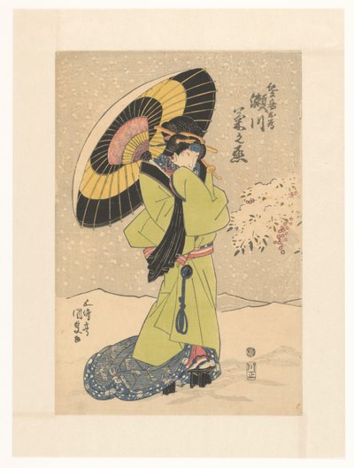 傘を差した雪の中の側室めかめ 作： Utagawa Kunisada (I)