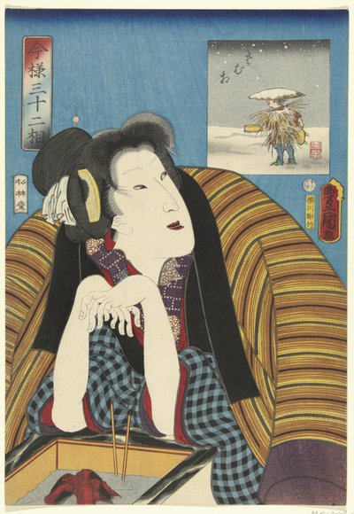 火鉢で手を温める女性 現代の32種類（シリーズタイトル） 今よさんじゅうそ 作： Utagawa Kunisada (I)