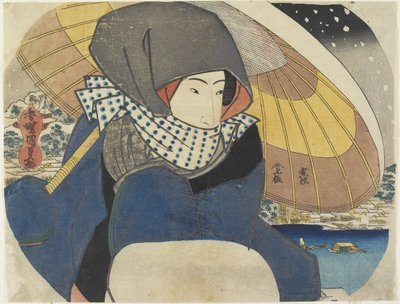 （傘をさしたフード付きの女性）、1818年 作： Utagawa Kunisada
