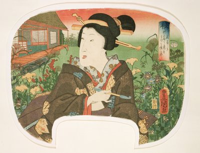 秋、花やしき：パイプが施された芸者、季節を示す4つのセットのファン用のデザイン、1858年から60年（木版画） 作： Utagawa Kunisada