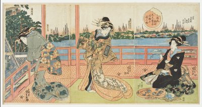 大阪・新町：料亭ウカムセで遊興する高位の遊女たち、連作「諸国名所料理店」より 作： 歌川国貞