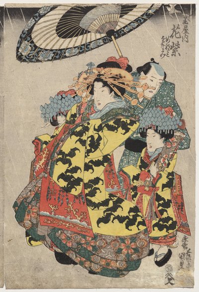雨の中を徘徊するタメイの遊女花紫と小色部 作： Utagawa Kunisada
