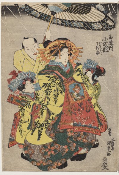 雨の中を徘徊するタメイの遊女花紫と小色部 作： Utagawa Kunisada