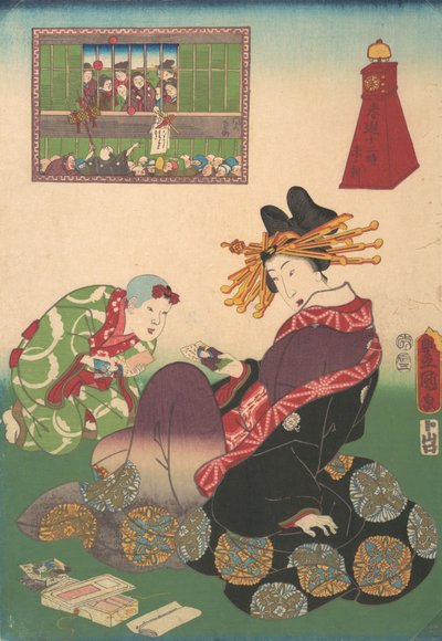 春の楽しみの 12 時間: ヤギの時間、19 世紀., 19 世紀. 作： Utagawa Kunisada