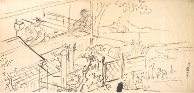 茶屋からの眺めを楽しむ二人の遊女 作： Utagawa Kunisada