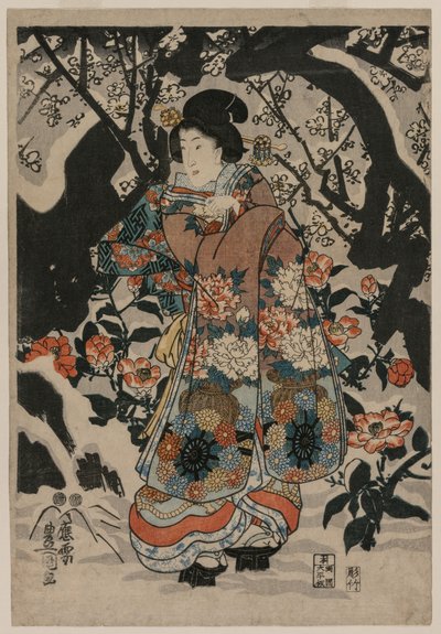 梅の木のそばに立つ女c。 1850 作： Utagawa Kunisada