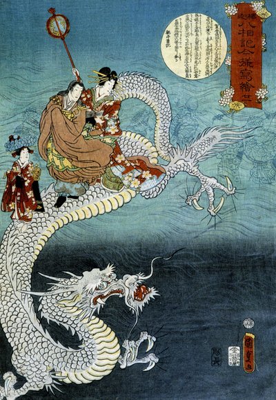 伝統的な衣装を着たドラゴンと日本人 - Kounisodaによる日本のプリント 作： Utagawa Kunisada III
